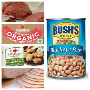 4 oz. Hamburger Patty - 28 grams.  1 Applegate Organic Beef Hot Dog - 6 grams.  7 Applegate GF Chicken Nuggets - 12 grams, 2 slices Boars Head Ovengold Turkey sliced medium from deli - 13 grams, 1/2 cup blackeye peas - 6 grams